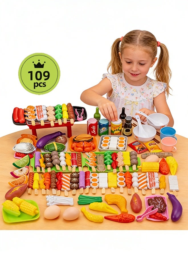 مجموعة ألعاب المطبخ التظاهر بالشواء، ألعاب الطعام للأطفال، مجموعة ألعاب المطبخ المحاكاة، ألعاب طبخ المطبخ مع شواء الشواء والخضار والفواكه، لعب الأدوار التعليمية متعددة الوظائف، مجموعات ألعاب ملحقات المطبخ لعمر 3 سنوات فما فوق، الأولاد والبنات والأطفال - Image 1